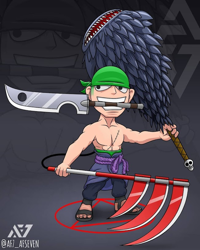 Roronoa zoro uses 3 legendary weapons from the Naruto anime series