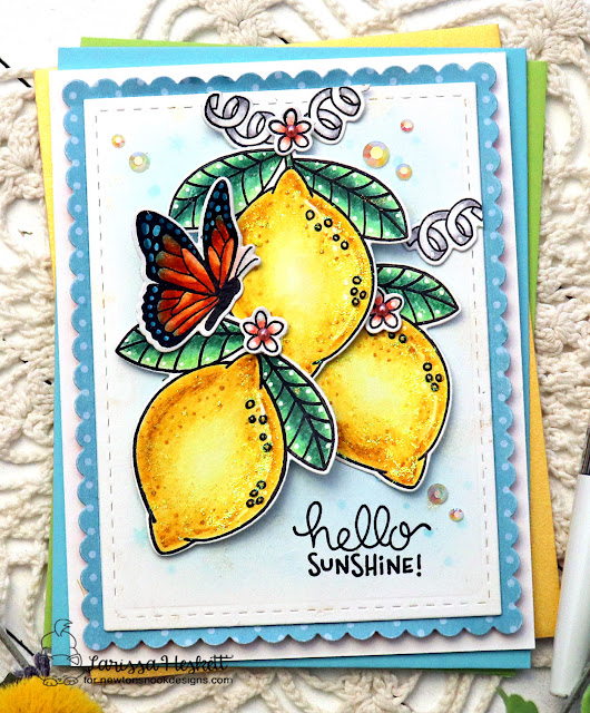Hello Sunshine Card by Larissa Heskett | Lemon Twist Stamp Set, Monarchs Stamp Set, Love & Meows Paper Pad and Frames & Flags Die Set by Newton's Nook Designs #newtonsnook #handmade