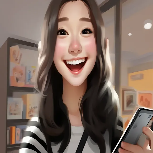 Chica con un smartphone, teléfono inteligente y sonriente