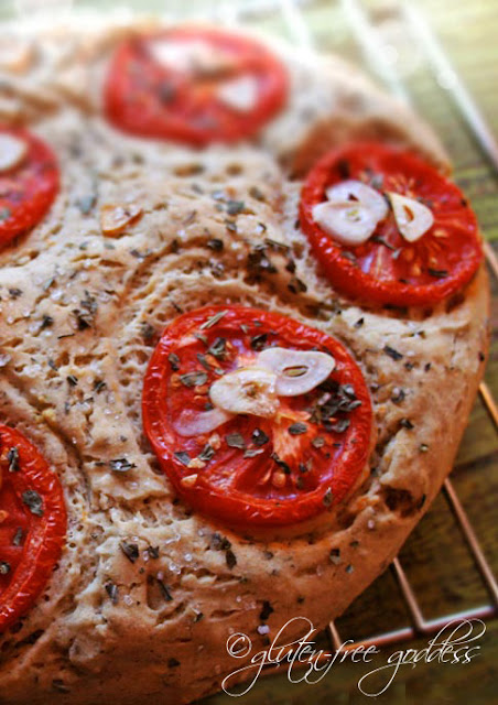 Gluten free focaccia with garlic and tomatoes