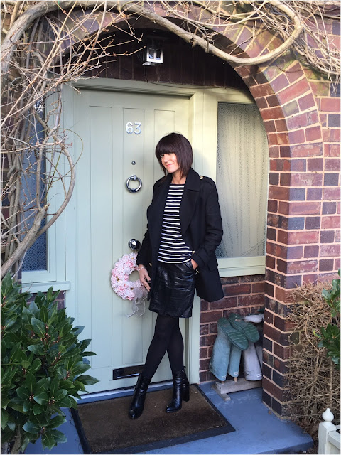 My Midlife Fashion, Breton, Stripes, Monochrome, H&M Zipped breton striped top, zara faux leather a line skirt, military, reefer coat, reeter jacket, block heel ankle boots