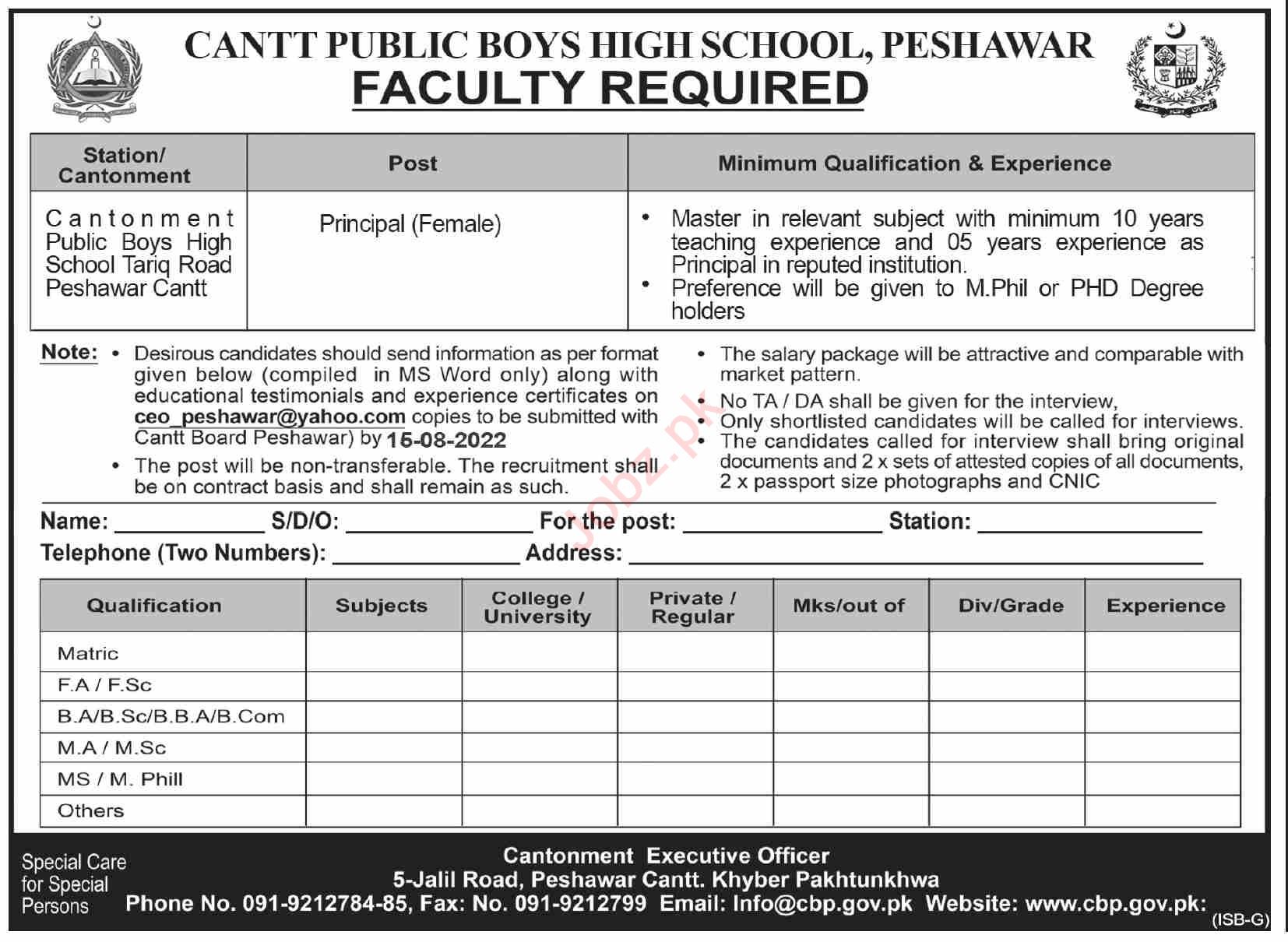 Latest Cantt Public Boys School and College Teaching Posts Peshawar 2022