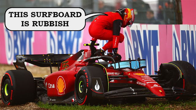 Carlos Sainz balancing on top of his stricken Ferrari, saying "this surfboard is rubbish"