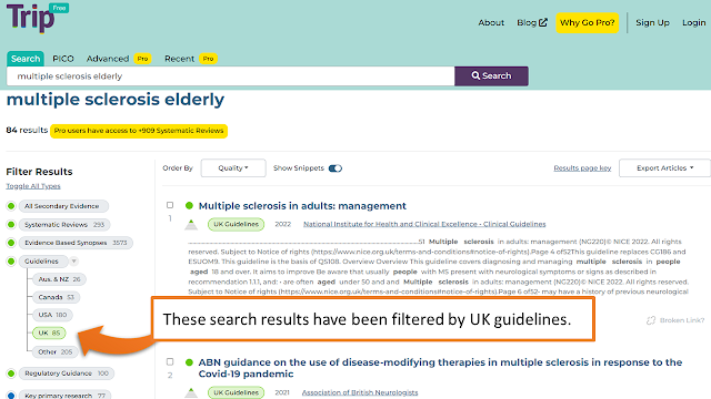 TRIP search results showing only UK guidelines
