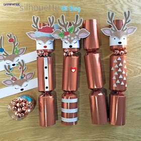 Custom Christmas Crackers designed by Janet Packer (CraftingQuine) for the Silhouette UK Blog using Silhouette Adhesive Glitter Sticker Sheets.