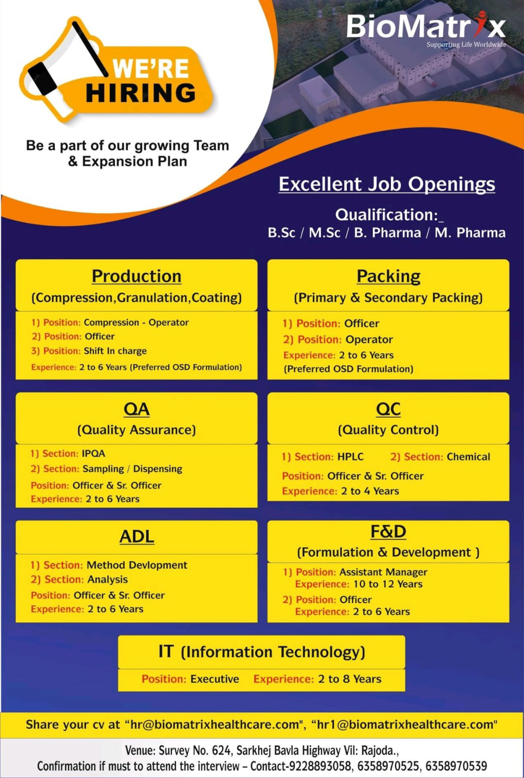 Job Availables, Bio Matrix Job Vacancy for Production/ QA/ QC/ Packing/ F&D/ IT