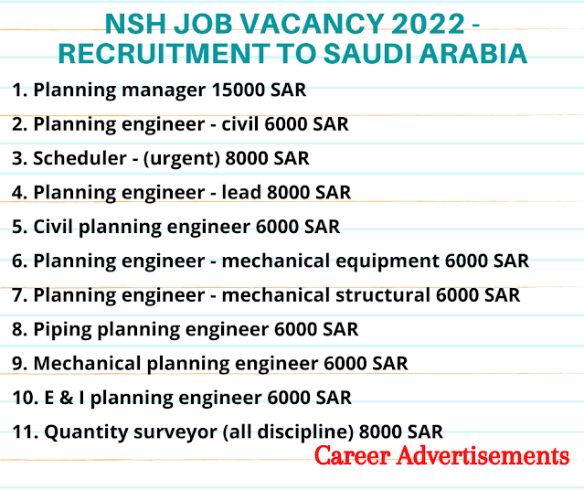 NSH Job Vacancy 2022 - Recruitment to Saudi Arabia