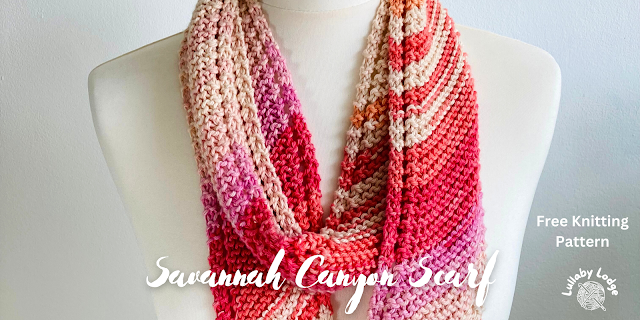 Pretty skinny scarf knitted in garter stitch in colourful cotton yarn.  Colours peach, orange, pink and red.