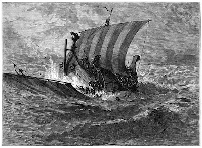 A viking longship in a storm, people are hanging off it in the sea