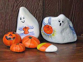 ghosts, pumpkins, candy corn, painted rocks, Halloween, rock painting