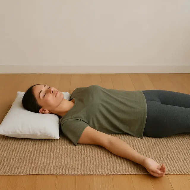 Mujer descansando boca arriba sobre una esterilla en el suelo, en posición relajada, simbolizando descanso natural y beneficios para la postura y la salud integral.