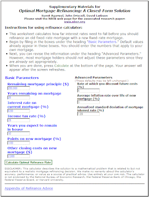 NBER Optimal Mortgage Rate Tool Interface