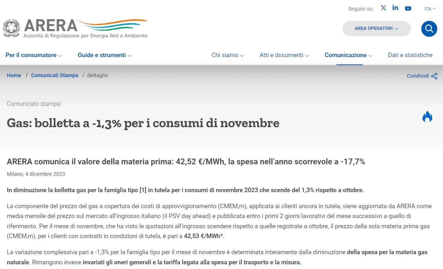 Bolletta gas -1,3% a novembre 2023