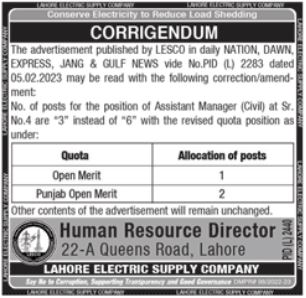 Latest Lahore Electric Supply Company LESCO Management Posts Lahore 2023