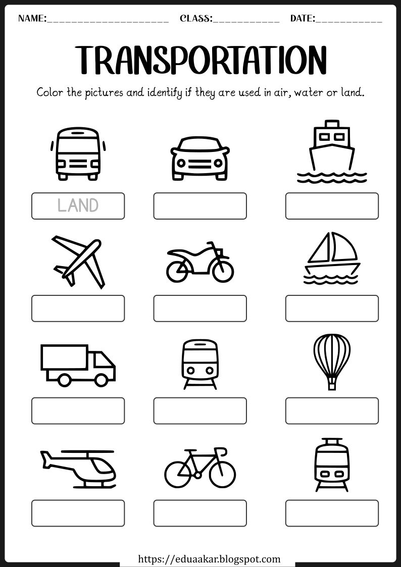 Transportation Worksheet for Kindergarten