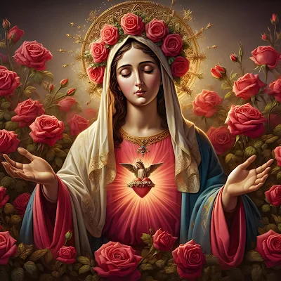 La Virgen María entre un jardín de rosas rojas
