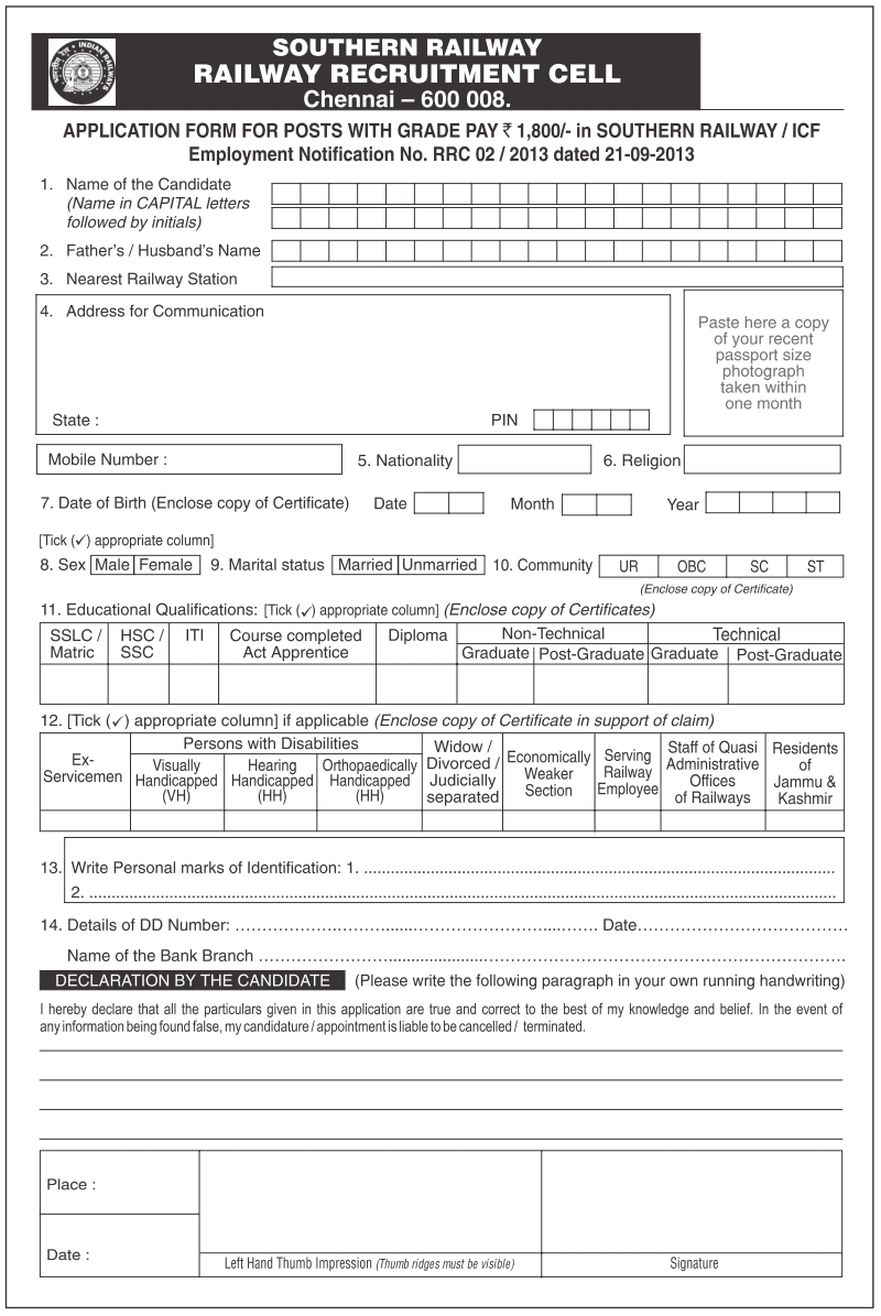 Apply online Southern Railway Recruitment Cell Chennai 