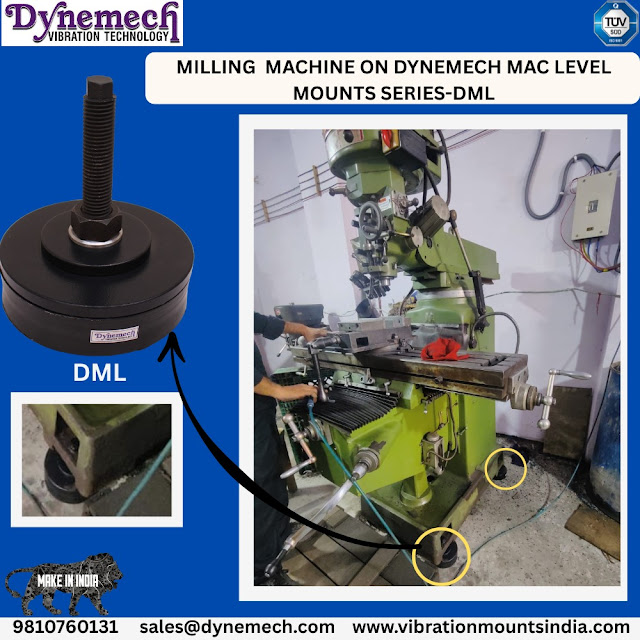 Industrial milling machine mounted on Dynemech DML Series Mac Level Mounts for enhanced stability, precision, and vibration control in machining operations.