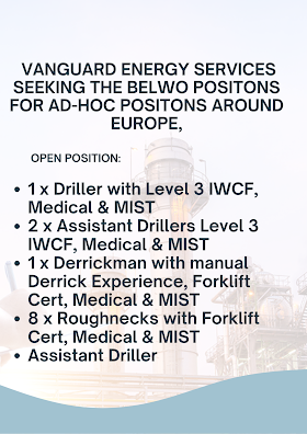 Vanguard Energy Services seeking the belwo positons for Ad-hoc positons around Europe,