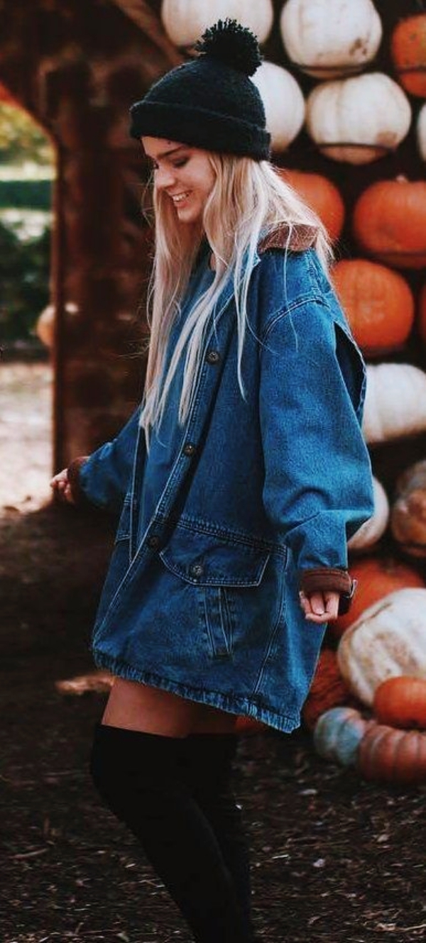 how to style a denim jacket : knit hat + over knee boots