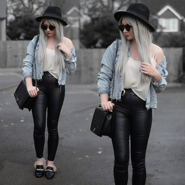 Sammi Jackson - Primark Fedora / Zaful Sunglasses / Primark Denim Jacket / Topshop Cami / Primark Jeans / Choies Double Buckled Belt / OASAP Quilted Flap Bag / Fashion 71 Fur Slippers 