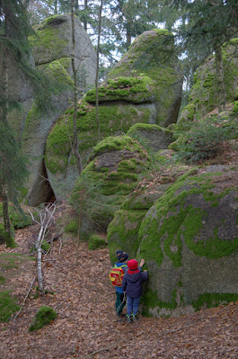 Bilder aus dem Wald: große Granitsteine sind teilweise von Moos überzogen, Kinder suchen nach Räuberspuren.