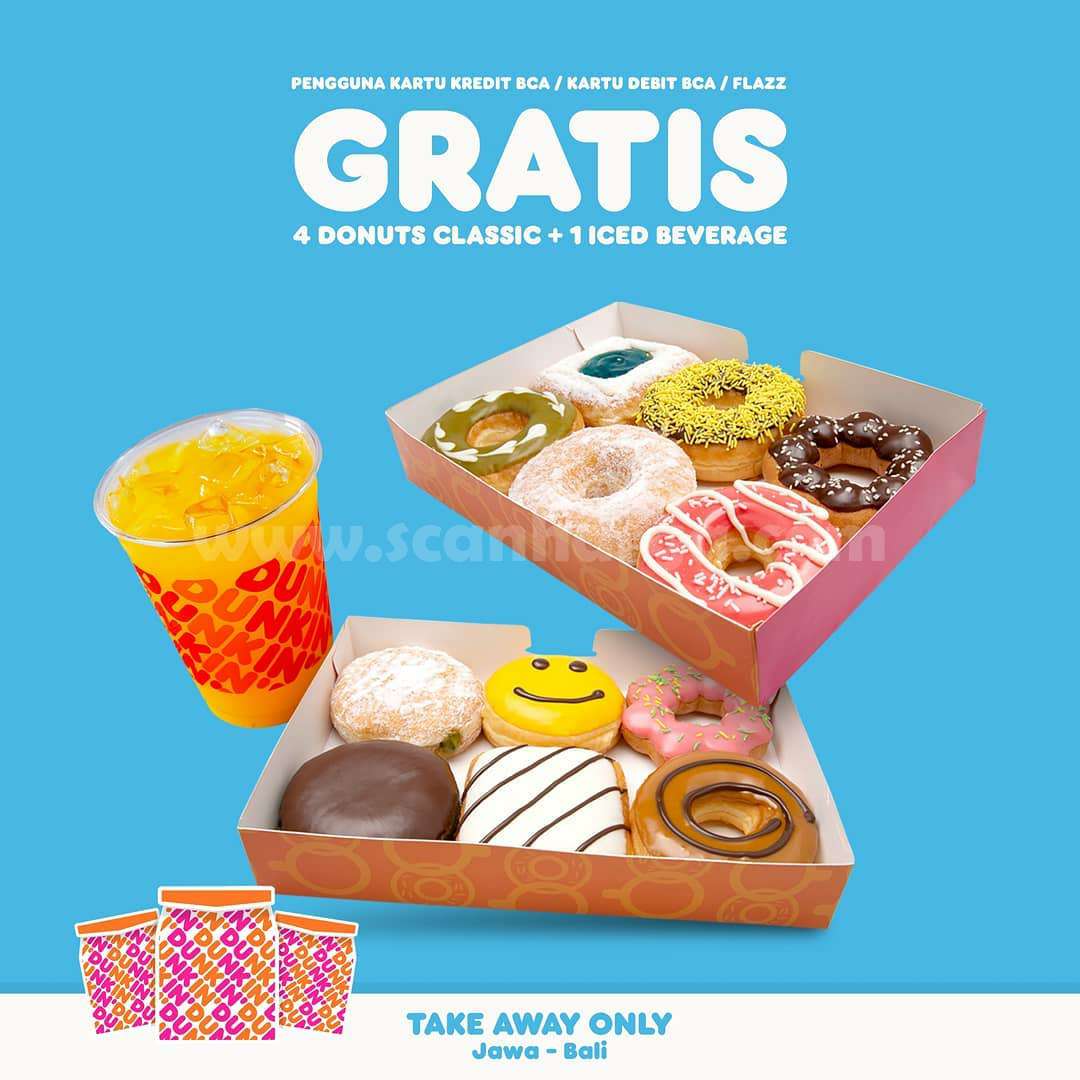 Dunkin Donuts Promo GRATIS 4 Donat + 1 Iced Beverages dengan Kartu Kredit BCA