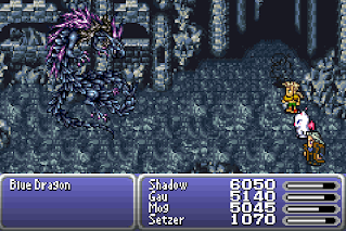 The party battles the Blue Dragon, a boss inside the Dragons' Den, a dungeon in Final Fantasy VI.