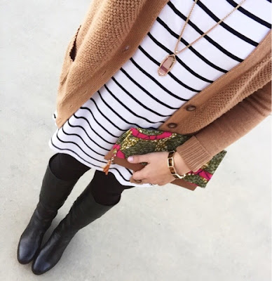 striped tunic, black riding boots, mom style