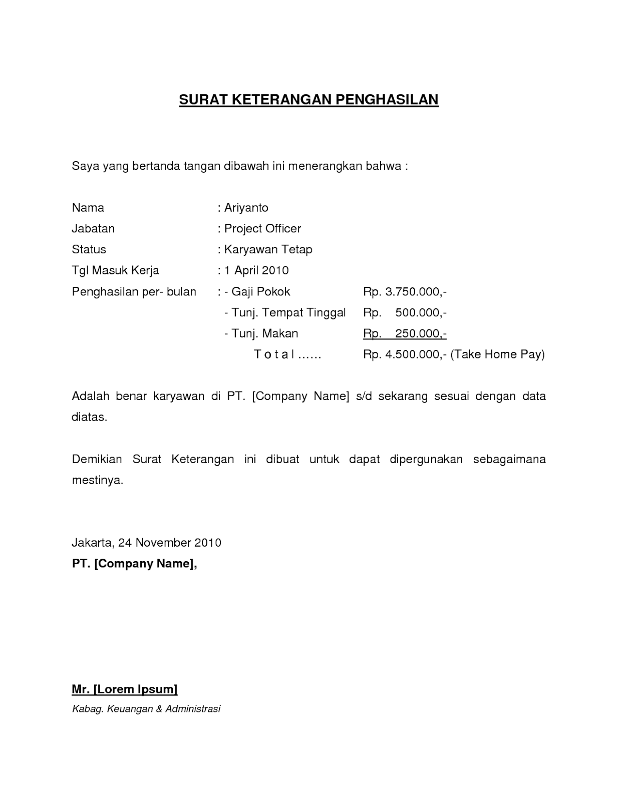 Contoh Slip Gaji Contoh Surat Keterangan Penghasilan 