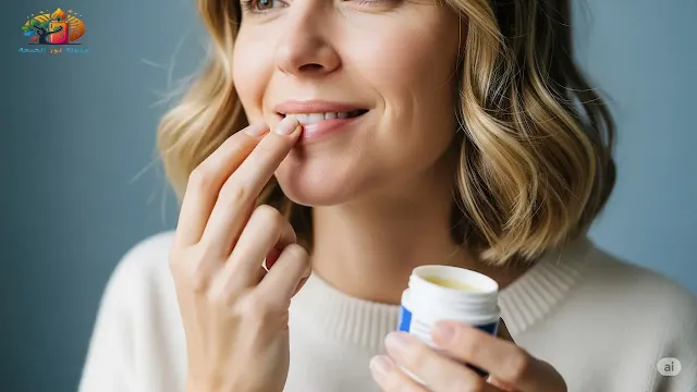 امرأة تطبق بلسمًا مرطبًا على منطقة جفاف البشرة حول فمها