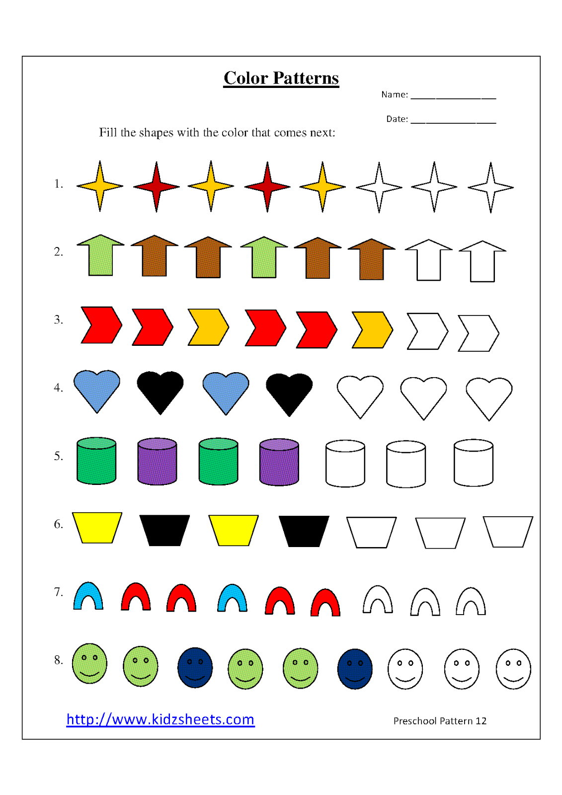 worksheet patterns color for kindergarten Worksheets: Patterns Preschool Worksheet12 Color Kidz