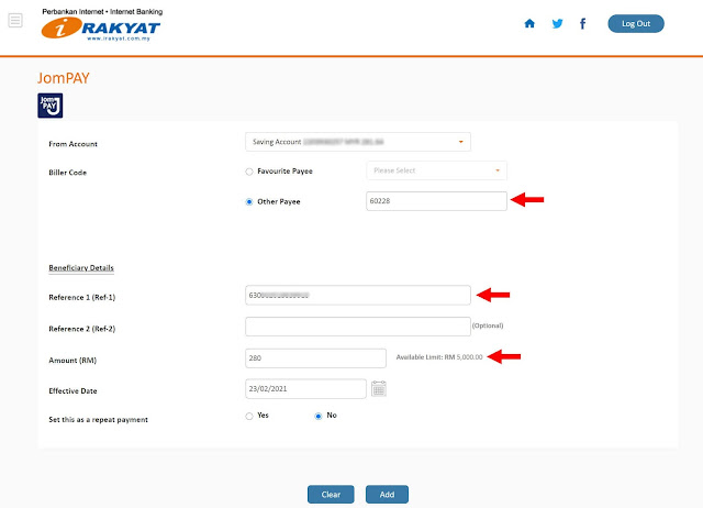 Cara Transfer Duit Ke Tabung Haji Menggunakan JomPay Melalui Bank Rakyat