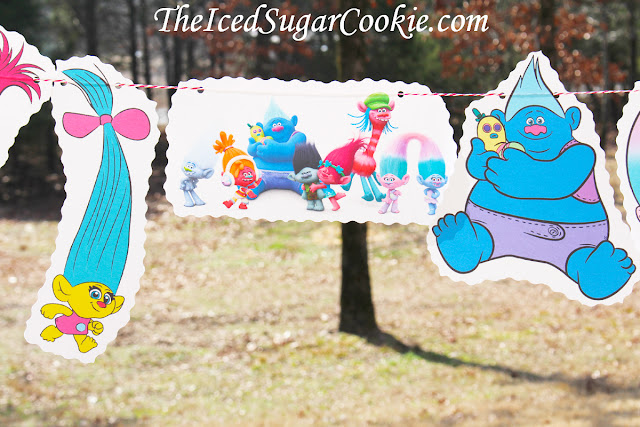 Trolls Birthday Party Flag Hanging Bunting Banner Garland Prince Gristle, Bridge, Branch and Poppy, Smidge, Biggie and Mr. Dinkles, Satin and Chenille, Cooper, Chef