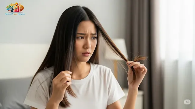 امرأة تفحص أطراف شعرها المتقصف وتبحث عن نصائح للعناية به والحد من تساقطه
