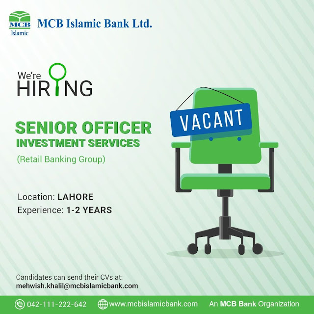 MCB Islamic Bank Limited Latest Jobs Lahore Operation Officer Investment Services 2023