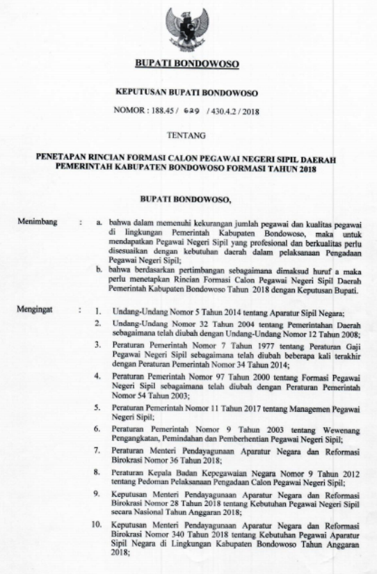  FORMASI CPNS KABUPATEN BONDOWOSO TAHUN 2018 