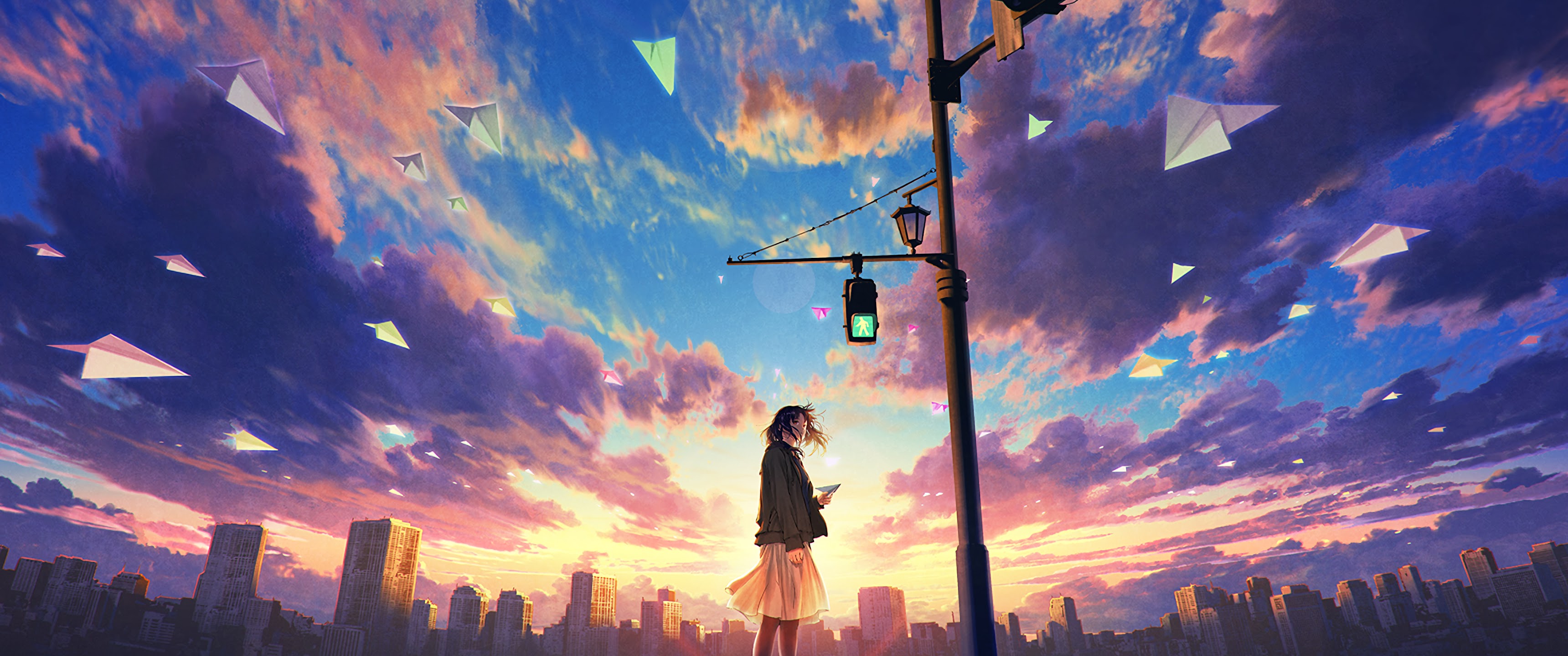 Anime, Girl, Sky, Clouds, Sunrise, Scenery, 4K, #67 Wallpaper