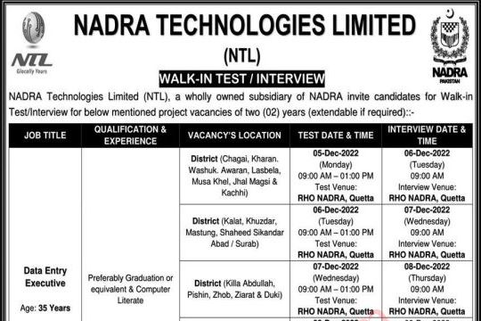 Nadra Jobs 2022  Online Apply Quetta