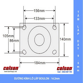 Bảng vẽ kích thước tấm lắp bánh xe đẩy hàng nhựa PU chịu tải 1,575kg | 7-12679-979BRK1