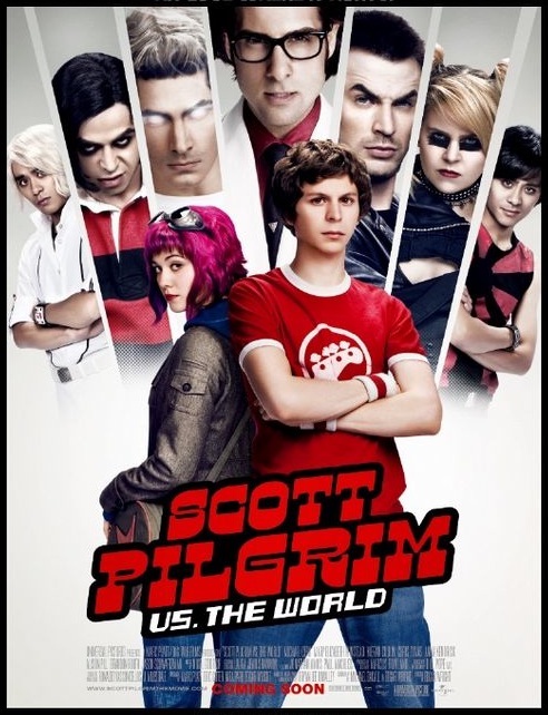 Scott Pilgrim, with arms folded in front of Ramona Flowers, images of her seven exes fanned out behind them