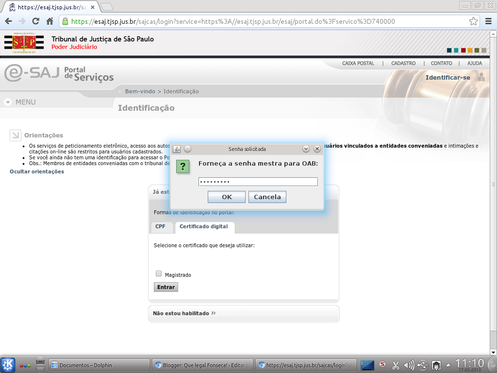 Imagem da Autenticação do Certificado Digital no Ubuntu 12.04.