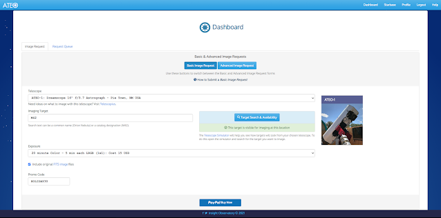 Screen capture of Insight Observatory's new ATEO Portal dashboard displaying its new "Basic Image Request" application.