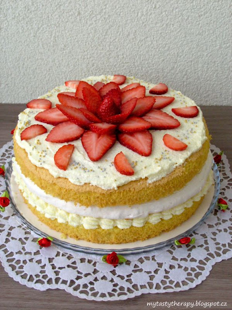 vanilla cake with meringue and strawberries