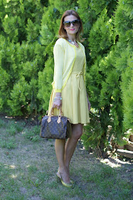 yellow bon ton dress, LV Speedy 25, Gaia d'Este shoes, Fashion and Cookies