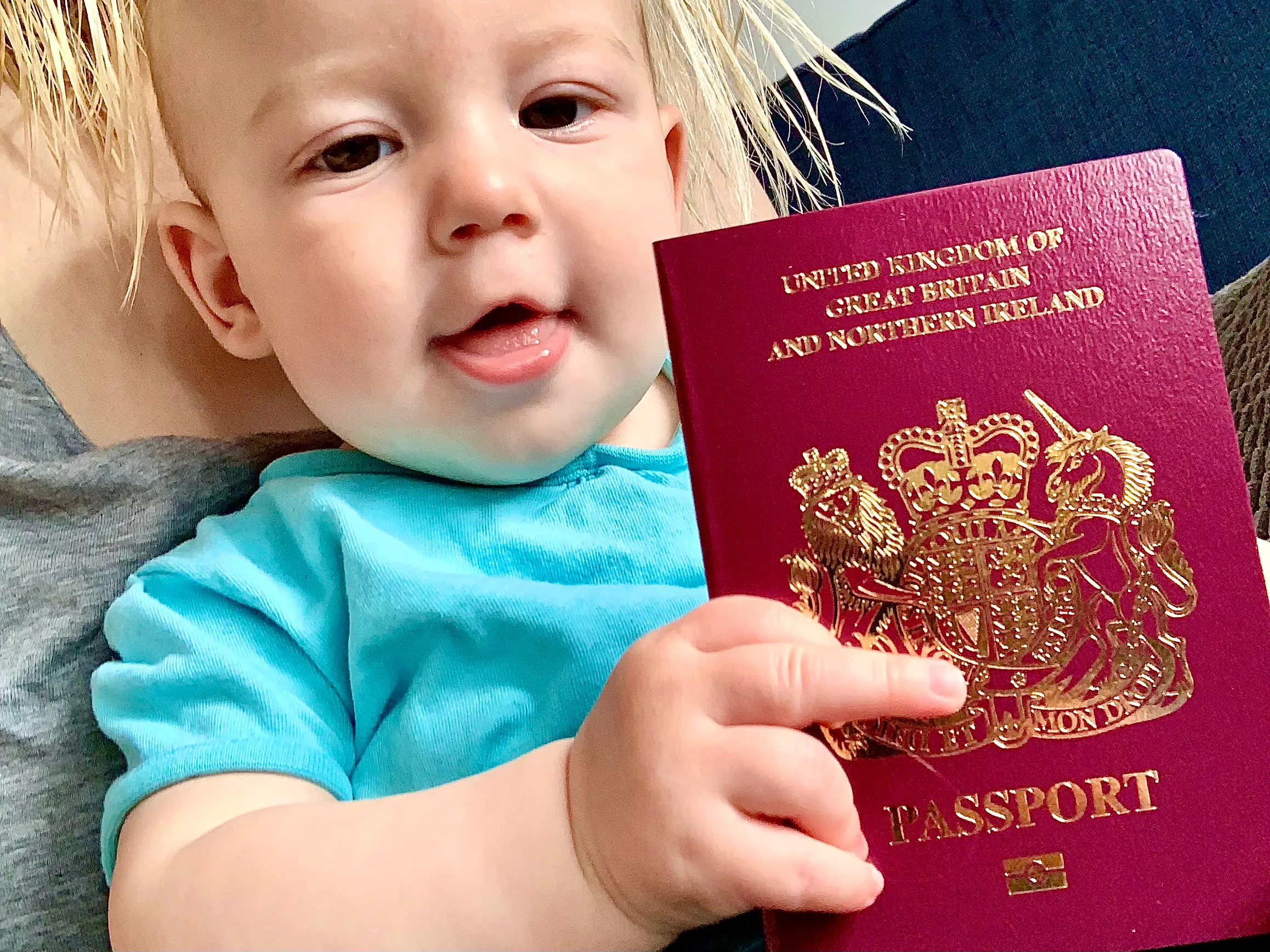 a baby holding a passport