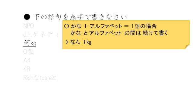 かなの後にアルファベットで１語の場合、かなとアルファベットの間は続けて書く、と説明された図