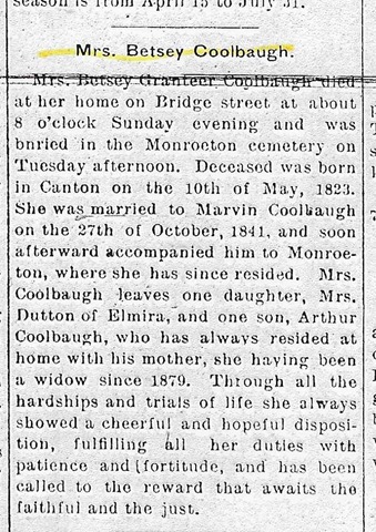 Coolbaugh Abigail Betsey Granteer 1912 obituary