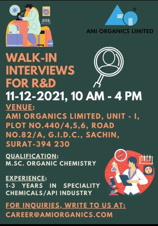 Job Availables,AMI Organics Limited Walk-In-Interview For MSc Organic Chemistry