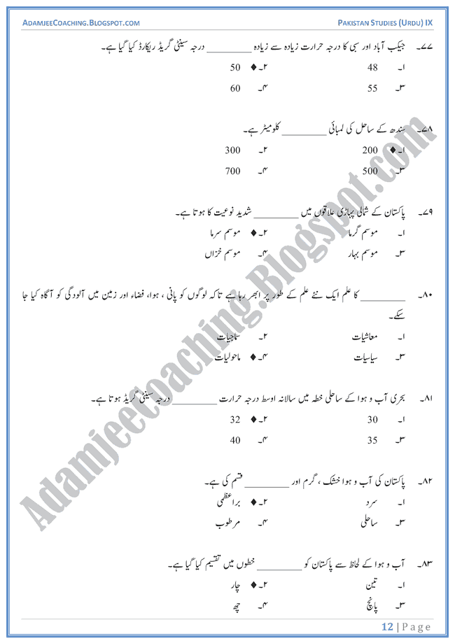 land-and-climate-of-pakistan-mcqs-pakistan-studies-urdu-ix